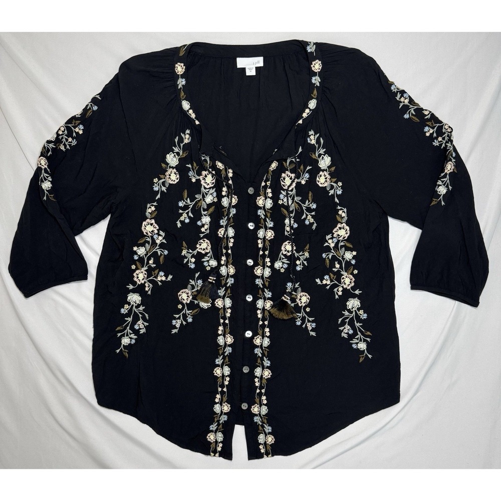 J. Jill Bohemian Tunic Embroidered 3/4 Sleeve Floral Blouse Size Medium